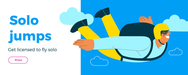 Cheerful flying male perform solo skydiving jump. Extreme sport activities. Modern flat vector illustration. Solo jump. Landing page and website banner template.