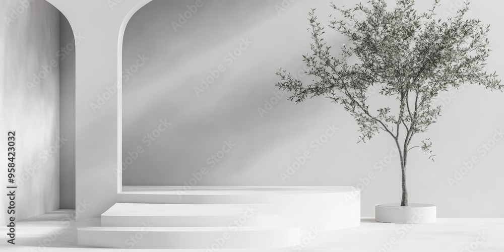 Poster minimalist studio scene featuring a white room product stand and tree 3d rendering