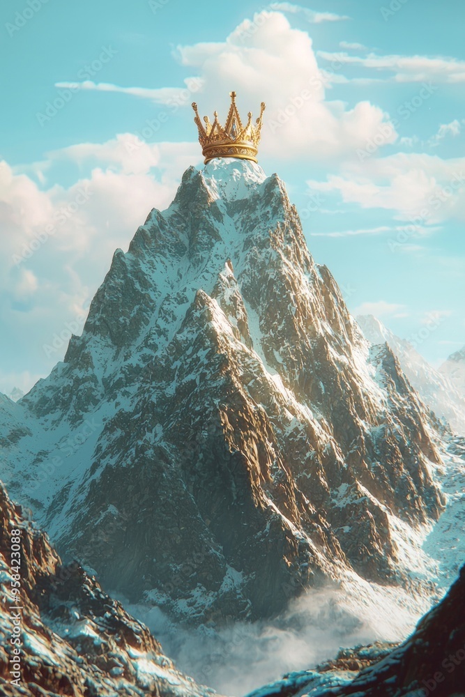 Wall mural a 3d crown placed on top of a mountain peak, representing the pinnacle of achievement.