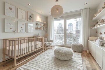 Modern Nursery A stylish nursery with a crib, a rocking chair, and a changing table. Use a soft pastel color palette and add playful decor like stuffed animals and wall art. 
