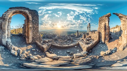 Fototapeta premium Majestic ruins under a dramatic sky, capturing the beauty of ancient history at sunset amidst vibrant colors.