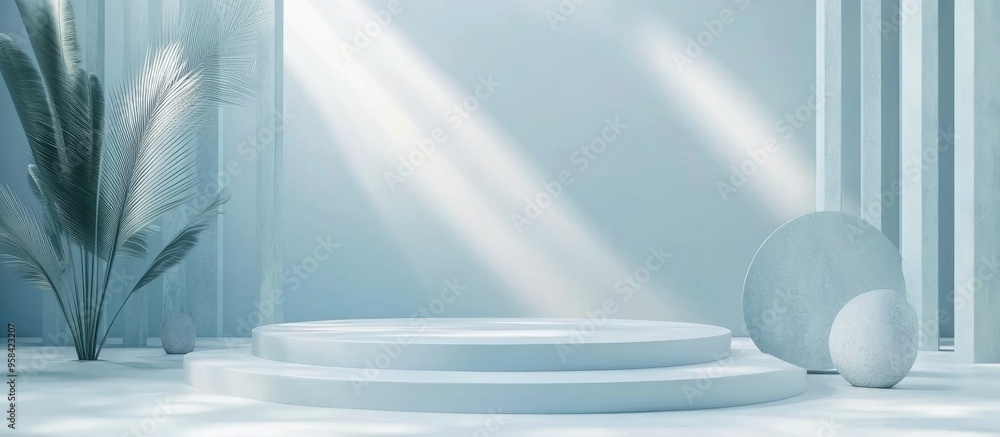 Poster Minimalist composition featuring a podium and abstract backdrop Geometric elements in soft blue hues 3D rendering with geometric shapes and a serene background