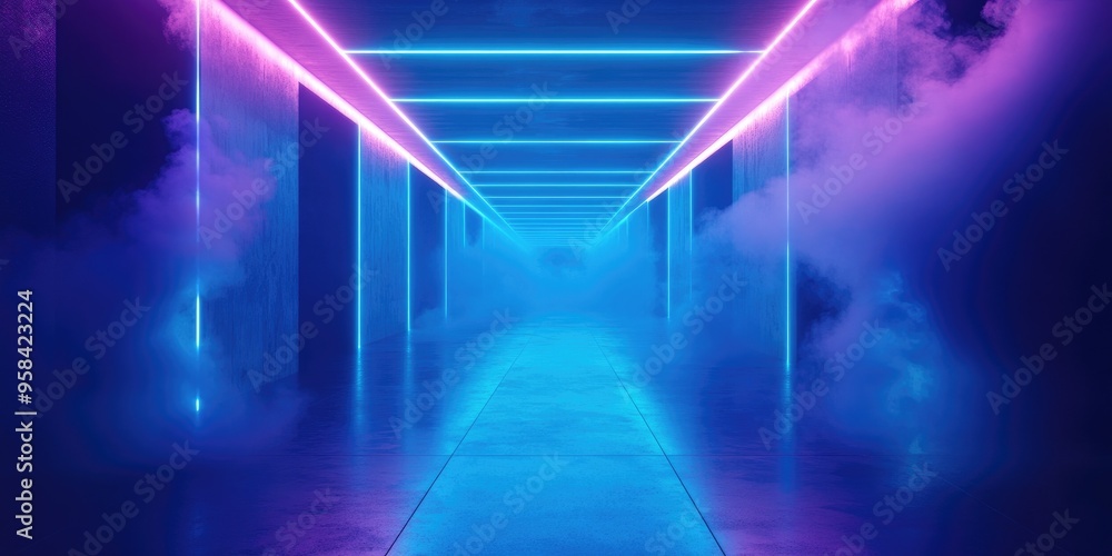 Poster futuristic smoke in a vibrant blue neon setting with glowing led lasers illuminating a modern elegan