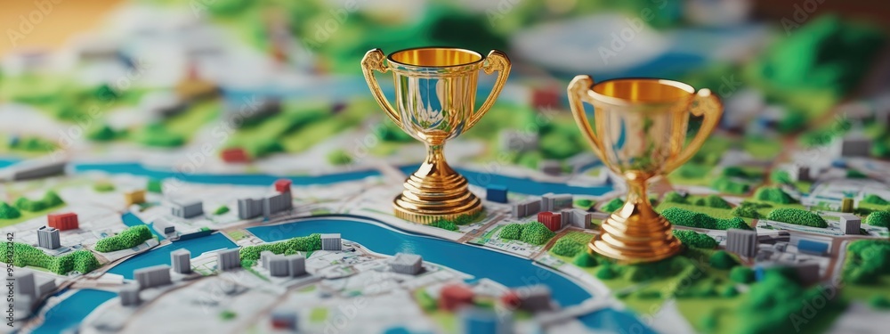 Poster trophy cups displayed on a map representing sports tournaments concept 3d rendering on a white backg