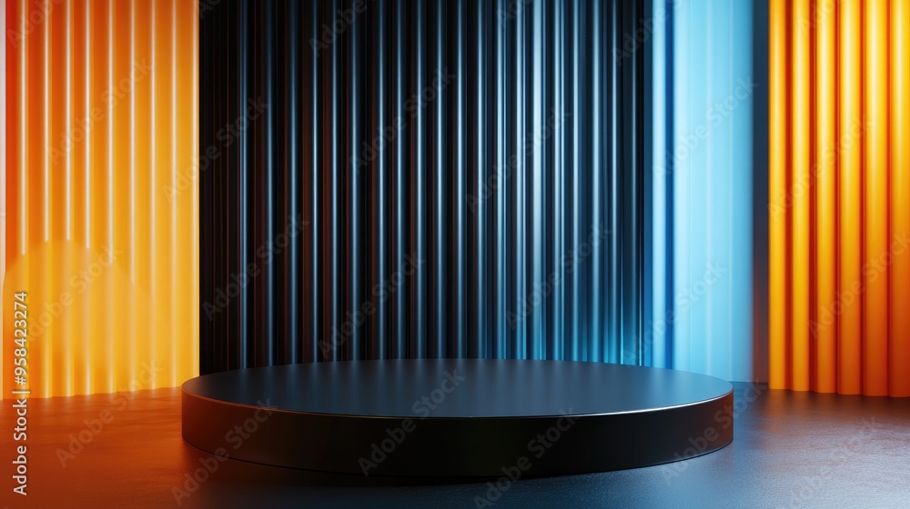 Poster cosmetic display featuring a black blue and orange background with a premium podium for product bran