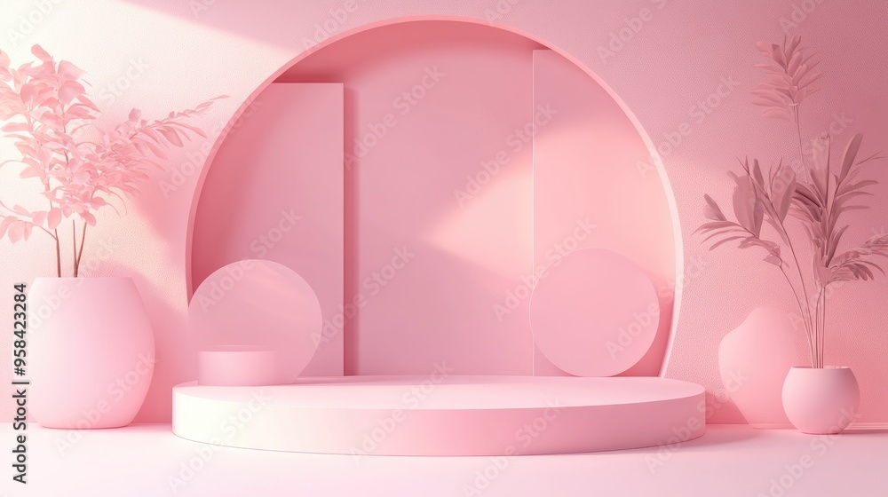 Poster empty podium featuring geometric shapes in a pink pastel composition for a modern stage display and 