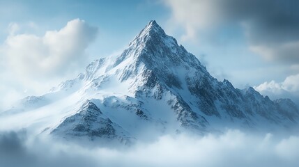 Majestic snow-covered mountain peak rising above the clouds, showcasing breathtaking natural beauty and tranquility.