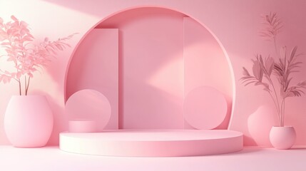 Empty podium featuring geometric shapes in a pink pastel composition for a modern stage display and minimalist mockup serving as an abstract showcase background 3D illustration concept or 3D rende