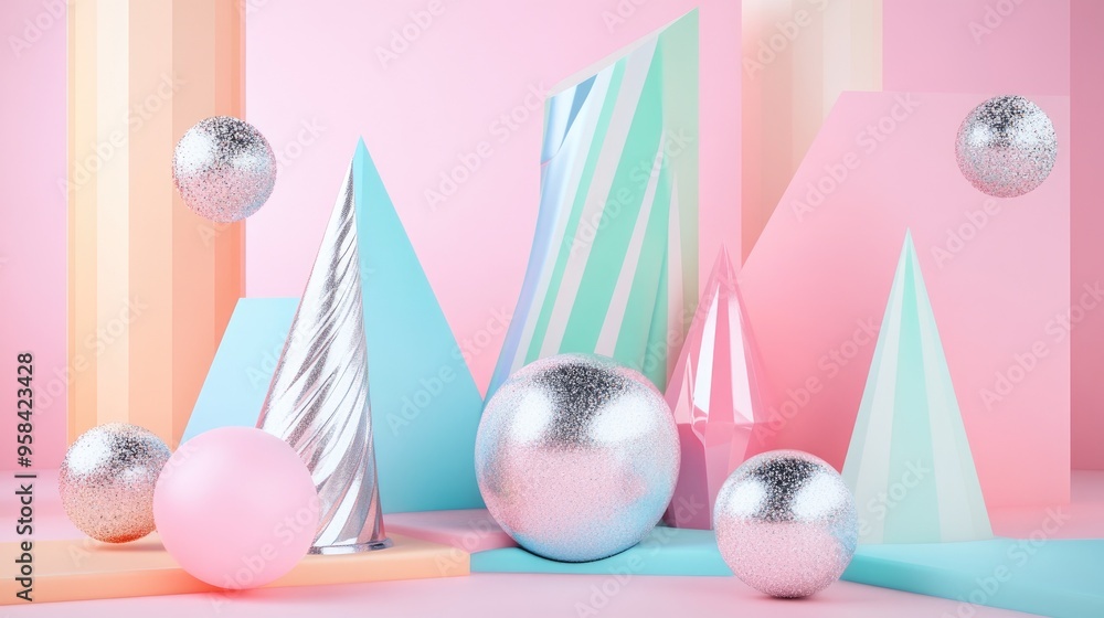 Poster abstract geometric shapes in pastel colors with a silver minimalistic design 3d rendering