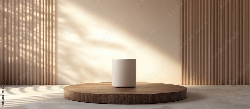 Poster Cream cylinder on a circular geometric podium with a brown wood texture in a 3D rendering