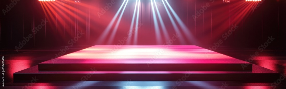 Poster Empty podium with a disco backdrop View of rays Enchanting party atmosphere Sporty design Luminous area Square stand Vibrant stage Showcase environment Central demo area 3D rendering Sparkling che