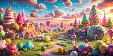 A vibrant and whimsical render of a sugary candy land landscape, candy, sweets, rainbow, fantasy, colors, dessert, sugar