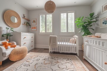 Modern Nursery A stylish nursery with a crib, a rocking chair, and a changing table. Use a soft pastel color palette and add playful decor like stuffed animals and wall art. 