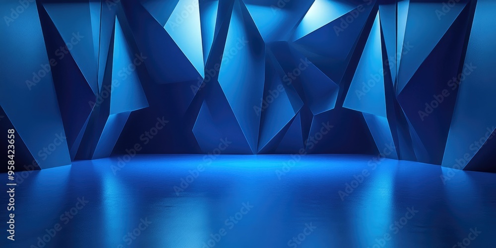 Poster empty stage featuring blue geometric structures 3d rendering digital artwork