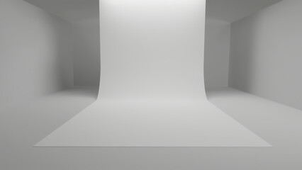 Minimalist all-white photography studio with curved walls and seamless floor for professional shoots