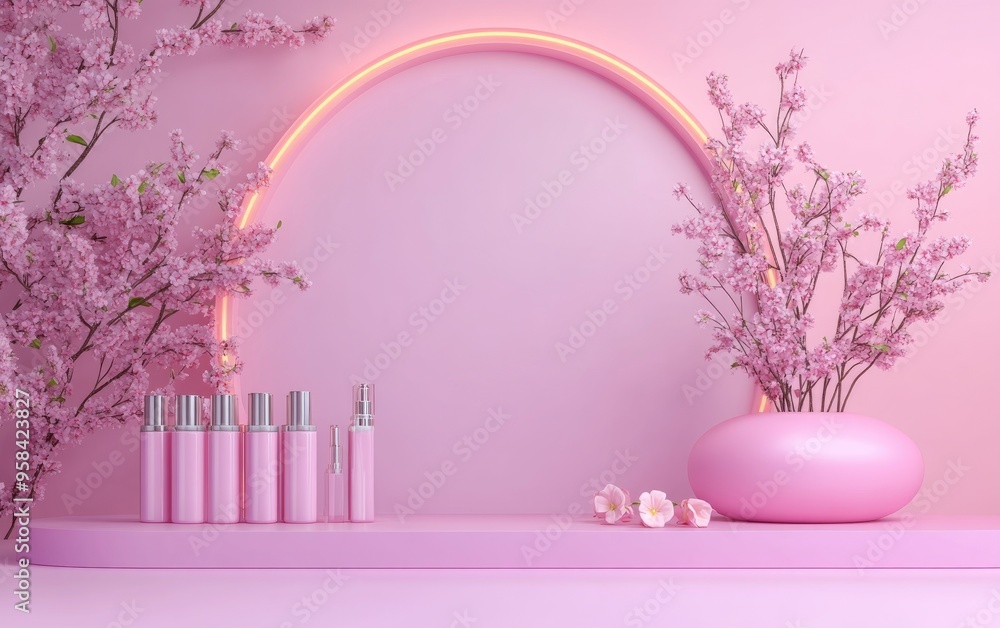 Poster cosmetic display stand with flowers on a pastel background 3d rendering design