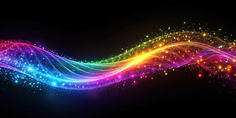 Obraz premium Abstract colorful light particles flowing on black background in a smooth curve, technology, science, fluid, spectrum, particles