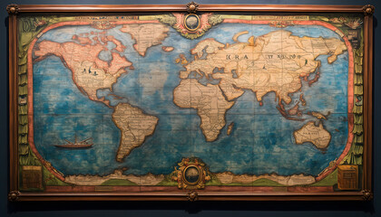 An antique world map in an antique frame