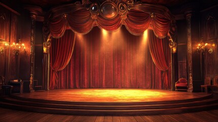 Expansive Circus Stage with Velvet Curtains Drawn Back Revealing a Spotlight-Lit Wooden Floor – Ideal for Background, Banner, Card, Poster