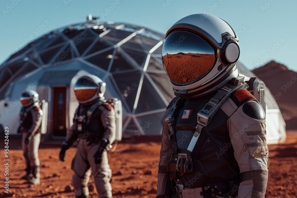 Poster group of astronauts wearing space suits exploring a red planet while standing near their base