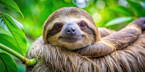 Fototapeta premium Sloth resting in tree closeup, sloth, tree, lazy, cute, mammal, wildlife, jungle, nature, relaxation, furry, climbing