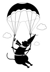 Cartoon rat, opossum or mouse a skydive. 
Skydiver rat, opossum or mouse derives enjoyment from jumping. Black and white illustration
