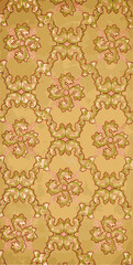 A floral pattern in green and pink on a yellow background, with a vintage and stylized look.