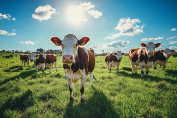 Cows are peacefully Grazing Under a Bright and Clear Blue Sky in a Serene Pasture Scene