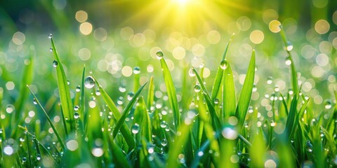 Fototapeta premium Green grass glistening with dew drops in the morning sunlight, fresh, natural, beauty, nature, outdoor, environment