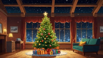 Merry christmas card banner with christmas tree golden line