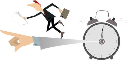 Businessman. Time concept. Deadline.
Hand from the alarm clock points the direction where to go to a businessman with bag and papers

