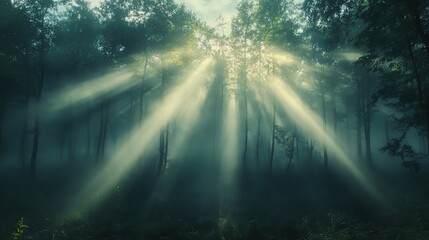 Mysterious forest with dramatic light rays piercing through the trees, creating an enchanting and tranquil atmosphere.