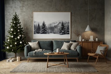 Mock up wall Christmas interior. Scandinavian style. Wall art