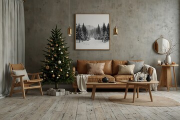 Mock up wall Christmas interior. Scandinavian style. Wall art