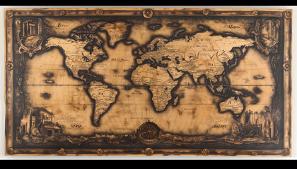 A digital illustration of an antique world map