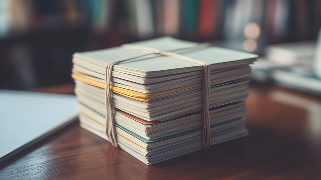 A stack of flashcards tied together with a rubber band, sitting on a desk.


