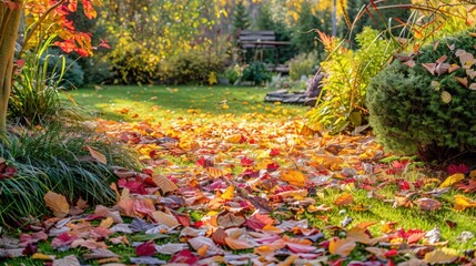 A peaceful garden with a vibrant array of fall foliage scattered across the ground, contrasting with the still-green plants and showcasing the beauty of autumn