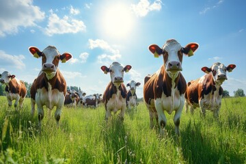 Cattle graze in a beautiful sunny pasture under clear blue skies with soft clouds. Flock of cows