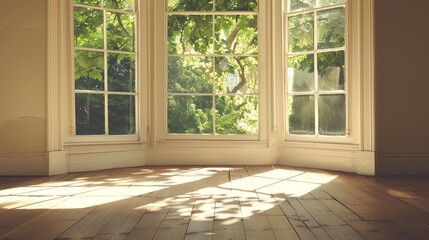 Fototapeta premium Sunlight streams through a bay window onto a wood floor.