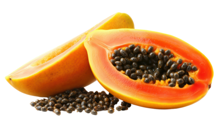 Fresh, ripe papaya cut open displays juicy orange flesh and black seeds. 
