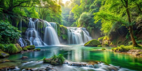 Fototapeta premium Tranquil scene of a cascading waterfall surrounded by lush greenery and peaceful flowing river, serene, nature, beauty