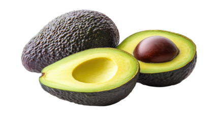 Two fresh avocado slices and a whole avocado, isolated on a white background. The ripe avocado with seed creates a visually appealing composition, perfect for health and food-related projects.  