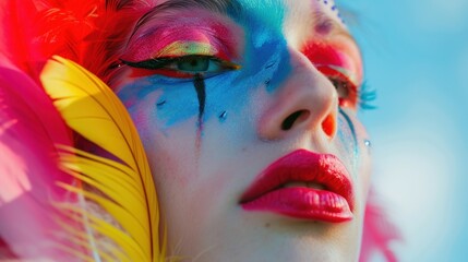 Fototapeta premium Close up of a womans beautiful face with colorful makeup and feathers