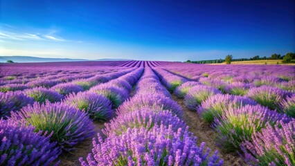 Obraz premium A beautiful field of blooming lavender under a clear blue sky, lavender, field, nature, flowers, meadow, landscape, rural