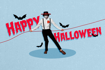 Composite photo collage of spooky man caballero fiance dance halloween party spooky bat carnival...