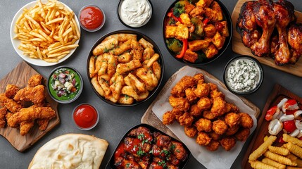 A Variety of Fried and Saucy Foods, Including Chicken, Potatoes, and Vegetables
