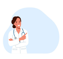  Doctor woman point up at good deal and advices use this copy space.. Vector flat style cartoon illustration