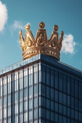 Fototapeta premium A giant 3D crown on top of an office building, the concept of being a market leader 