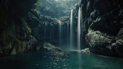 Majestic hidden waterfall cascading over rocky cliffs in tranquil forest