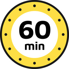 60 minutes timer, clock, stopwatch icons. Countdown timer